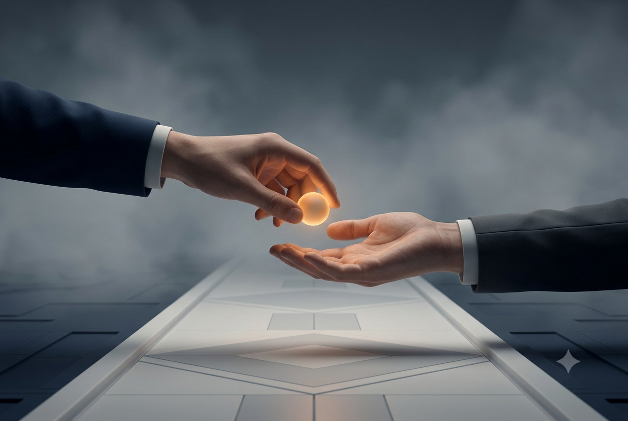 Two hands exchanging a glowing token on a lit, structured path — delegating a mission to an interim manager with a clear mandate