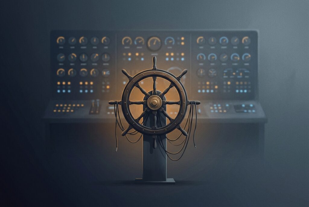 A ship's helm disconnected from any rudder, with a glowing instrument panel behind it — authority that looks real but has no power to steer
