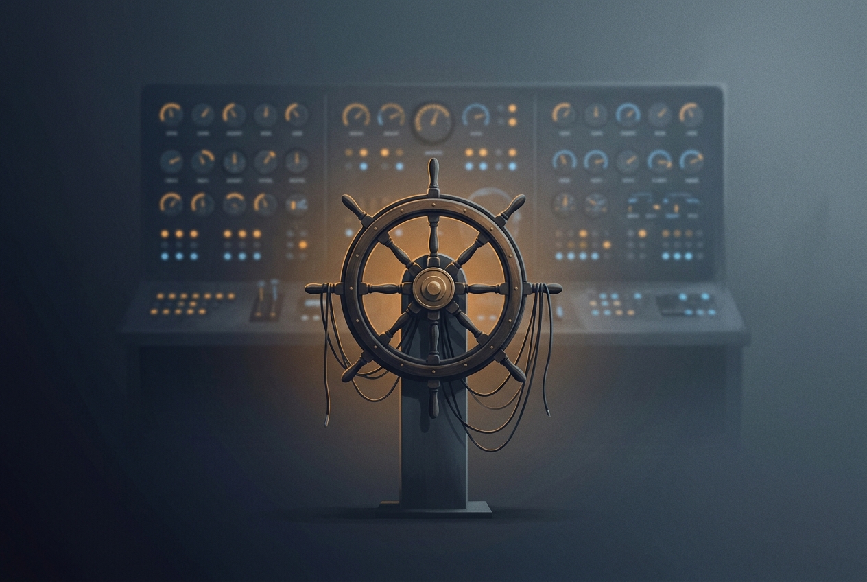 A ship's helm disconnected from any rudder, with a glowing instrument panel behind it — authority that looks real but has no power to steer