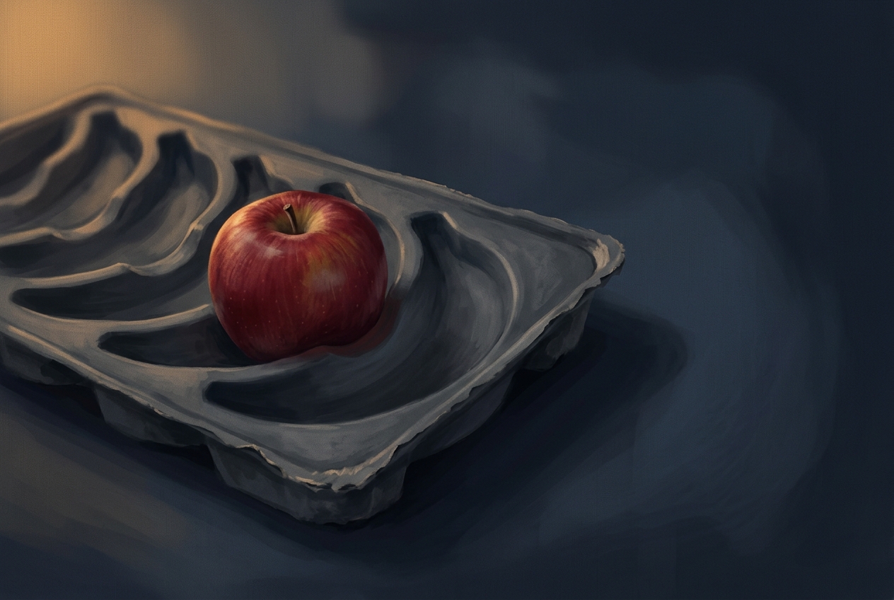 An apple resting in a moulded packing tray shaped for bananas — a plan built around the wrong name will never fit the work it was meant to hold.