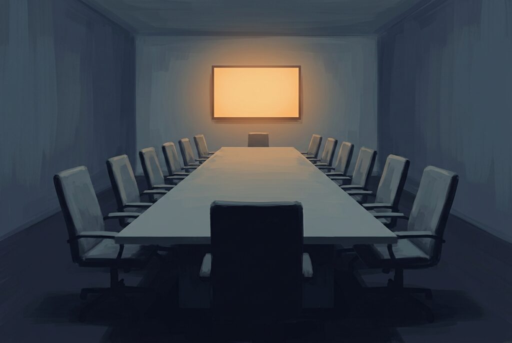 An empty boardroom with a long table and fourteen chairs, lit only by a blank glowing screen at the far end.