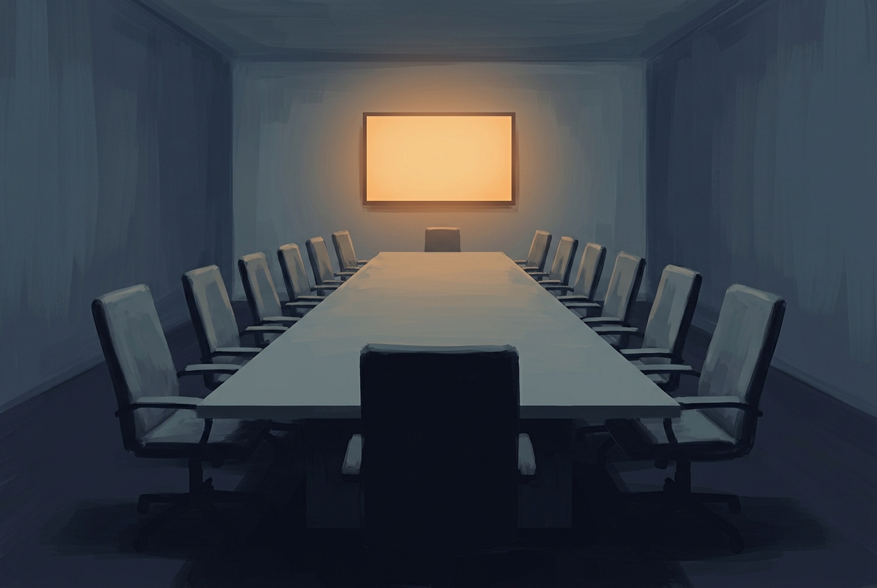 An empty boardroom with a long table and fourteen chairs, lit only by a blank glowing screen at the far end.