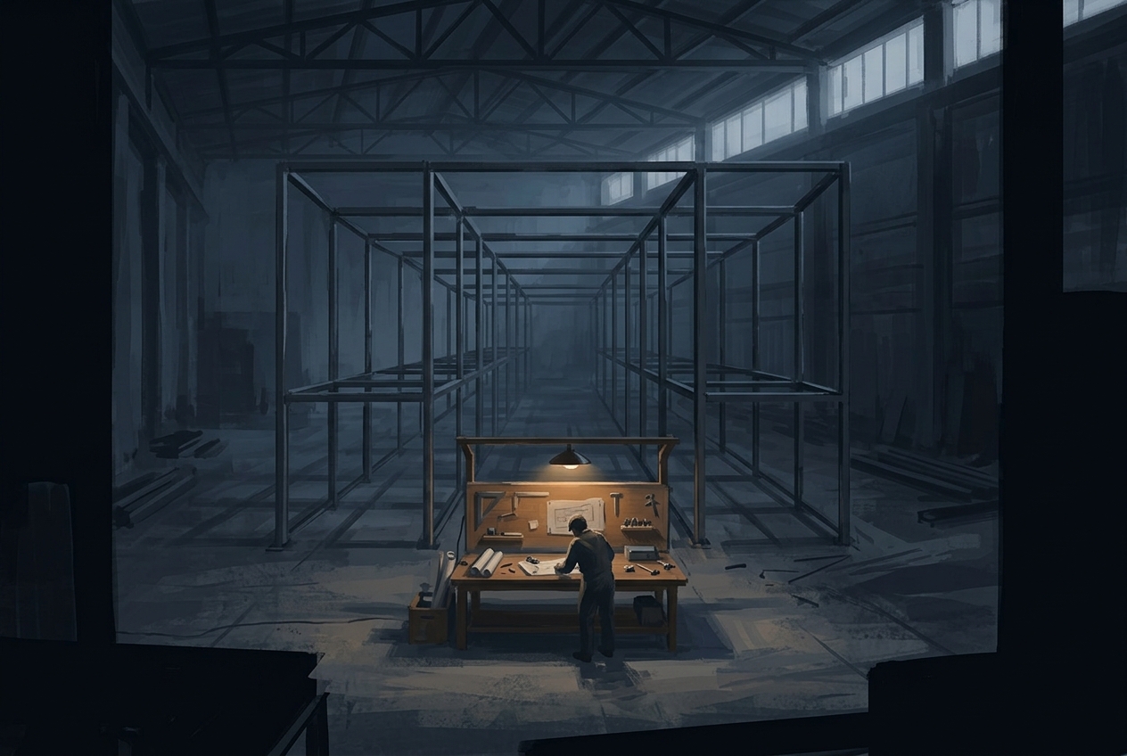 A dimly lit industrial hall where a single warmly lit workbench sits at the foot of a large empty steel framework.