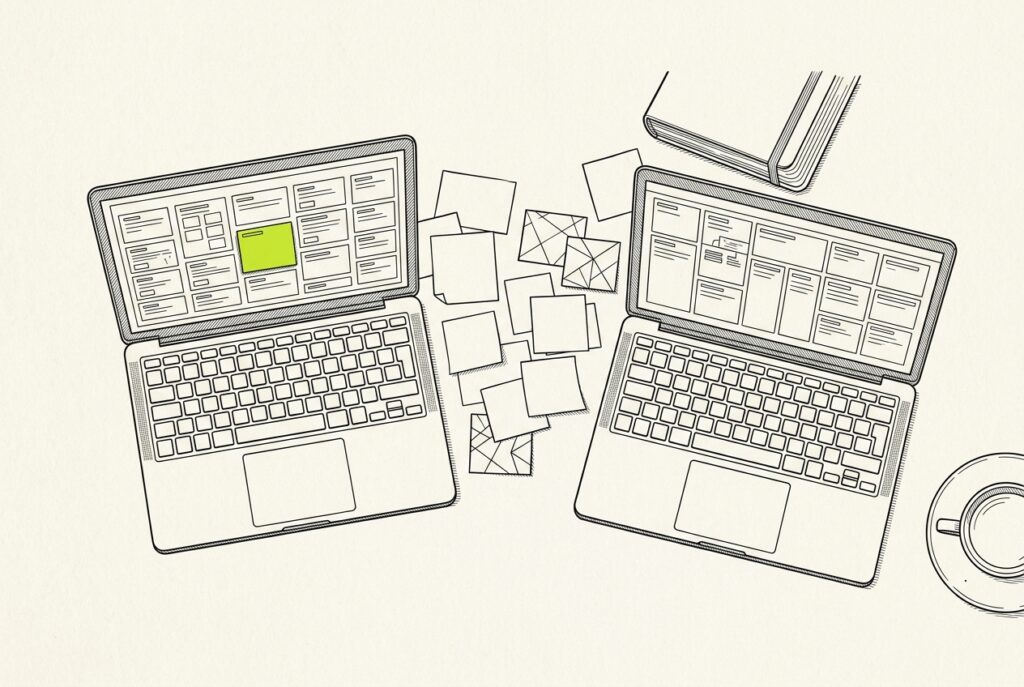 Two laptops on a desk, seen from above, showing mismatched task boards surrounded by scattered notes.
