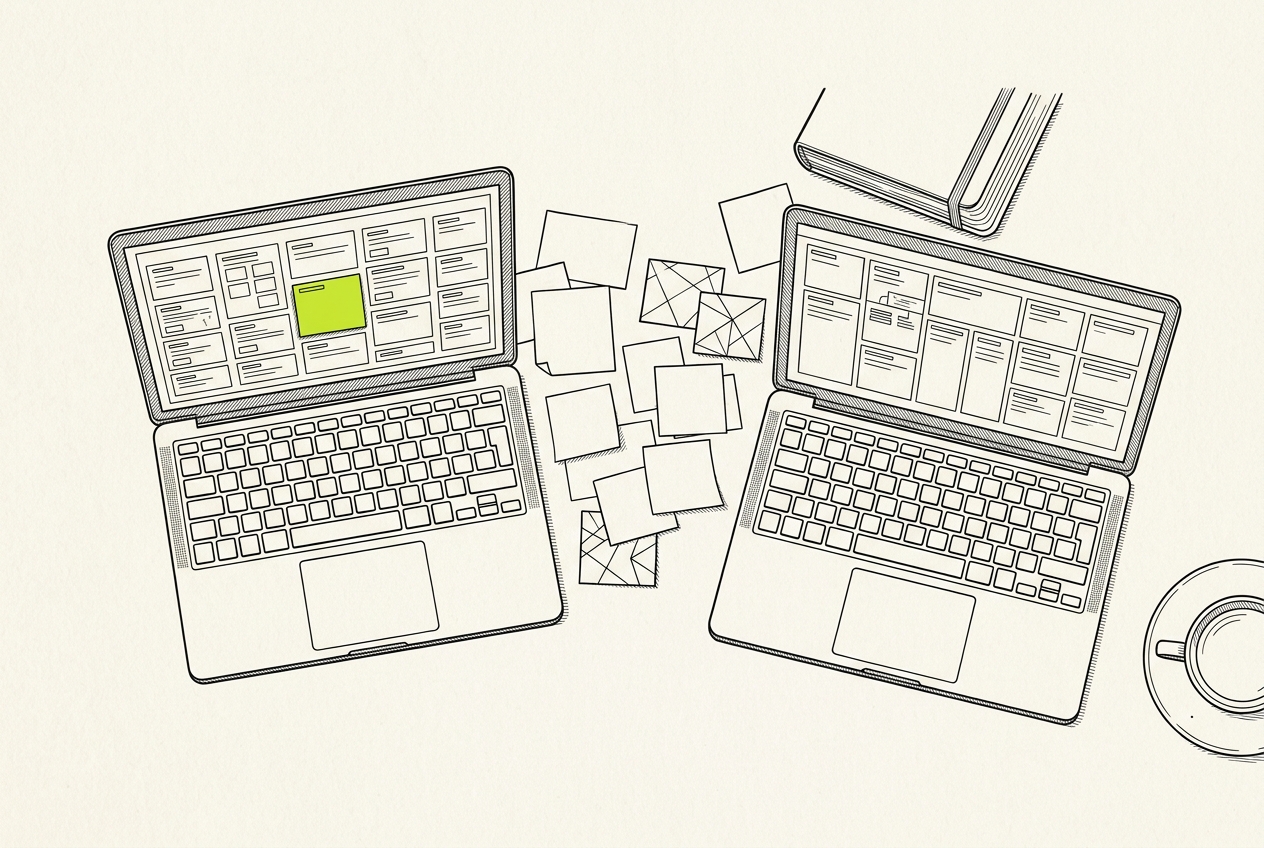 Two laptops on a desk, seen from above, showing mismatched task boards surrounded by scattered notes.