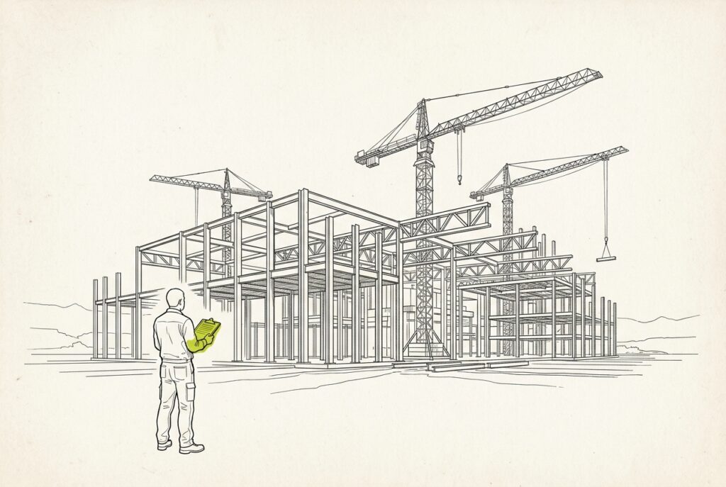A small figure with a clipboard stands facing a vast half-built industrial structure, in line-drawing style.