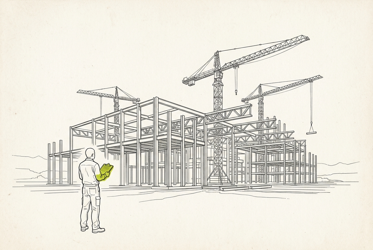 A small figure with a clipboard stands facing a vast half-built industrial structure, in line-drawing style.