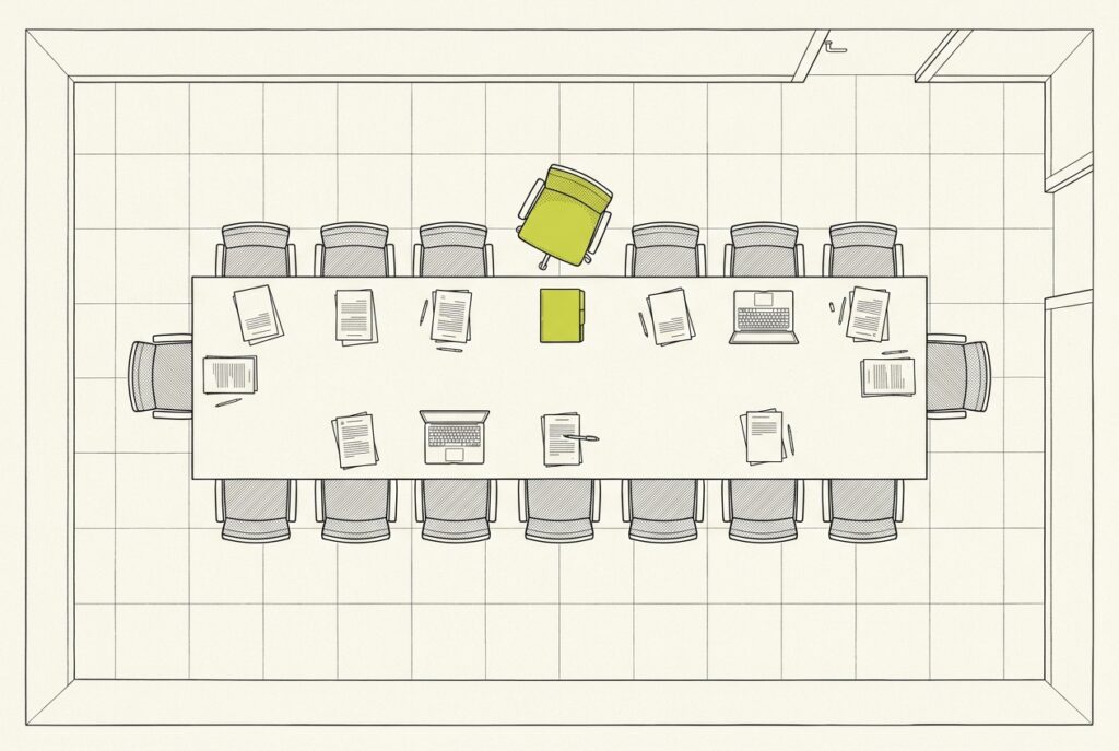Overhead line drawing of a boardroom table after a meeting, with one empty chair at its head picked out in lime green.