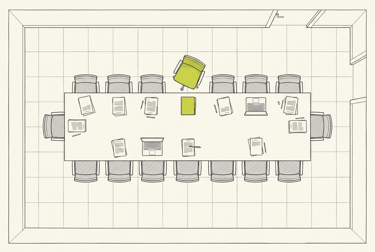 Overhead line drawing of a boardroom table after a meeting, with one empty chair at its head picked out in lime green.