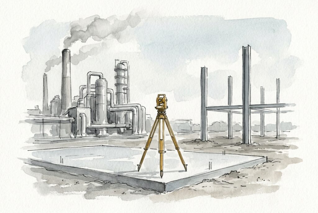 A surveyor's tripod stands on a new concrete foundation beside a working industrial plant under an overcast sky.