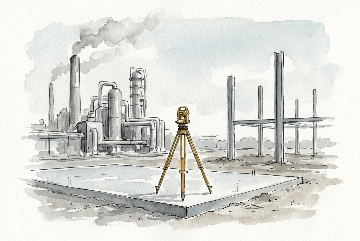 A surveyor's tripod stands on a new concrete foundation beside a working industrial plant under an overcast sky.