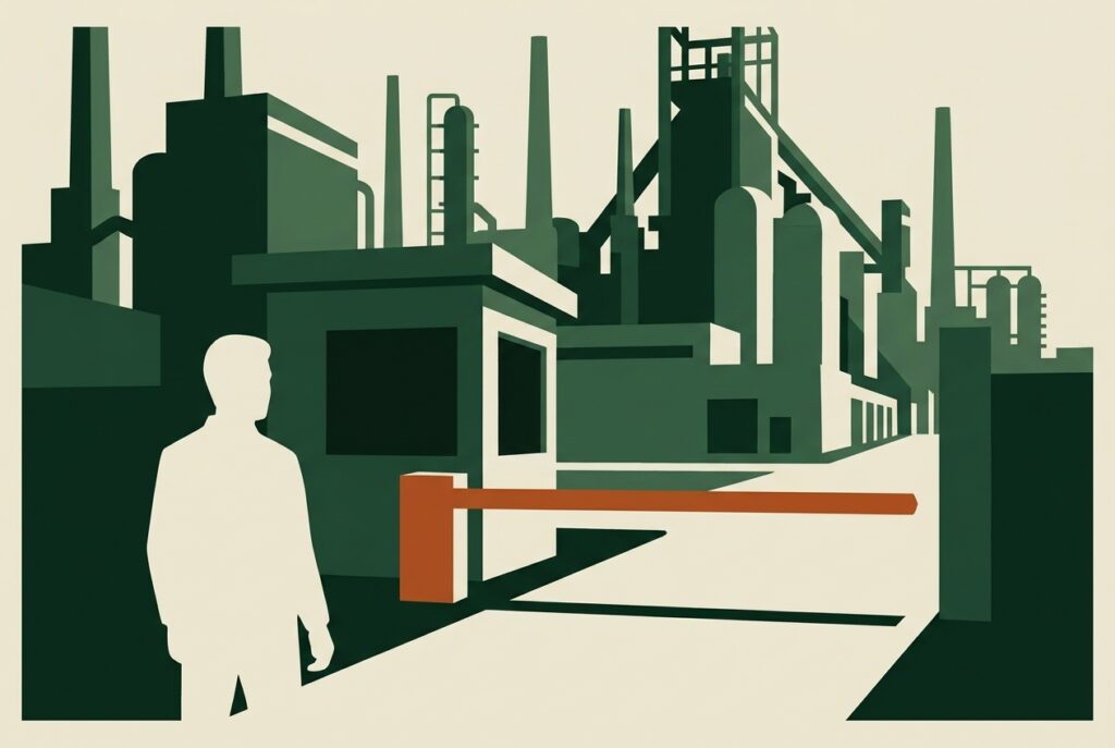 A lone figure stands before a lowered barrier at the empty gatehouse of a large industrial site.
