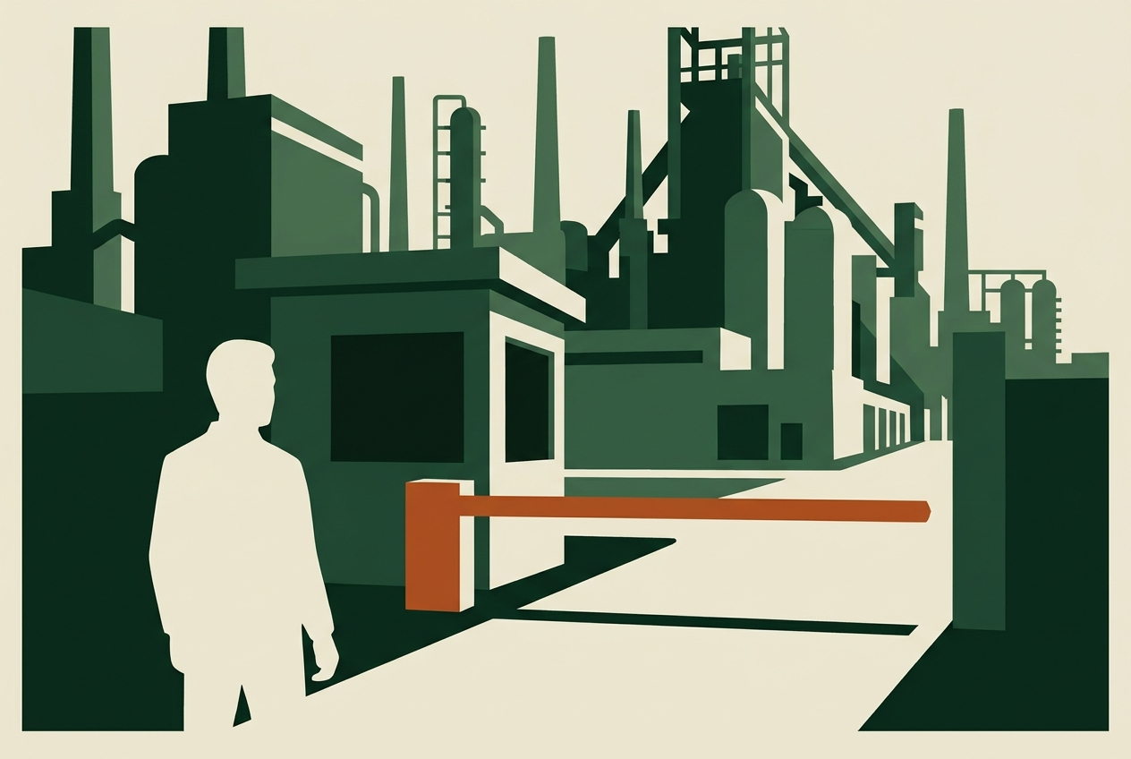 A lone figure stands before a lowered barrier at the empty gatehouse of a large industrial site.