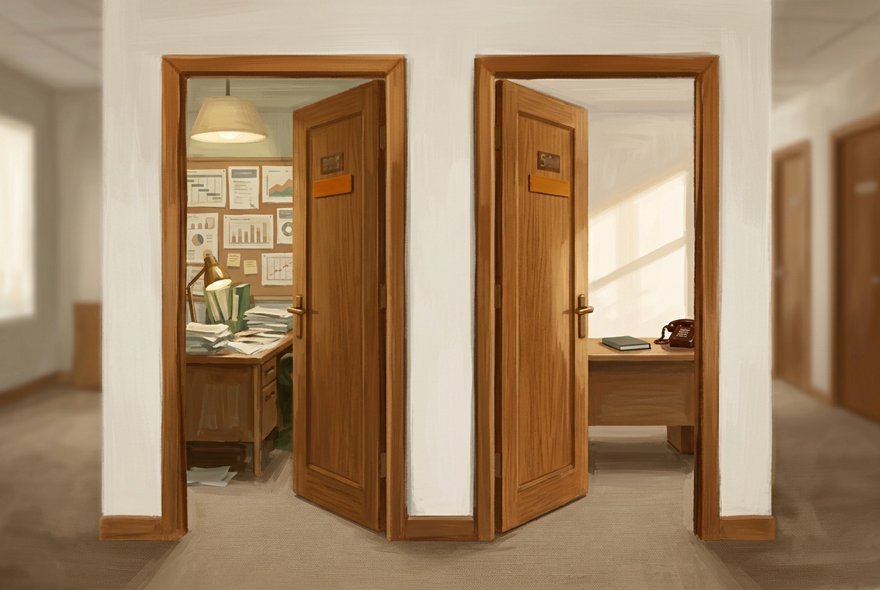Two office doors standing ajar in a corridor, one desk cluttered with charts, the other bare but for a phone.