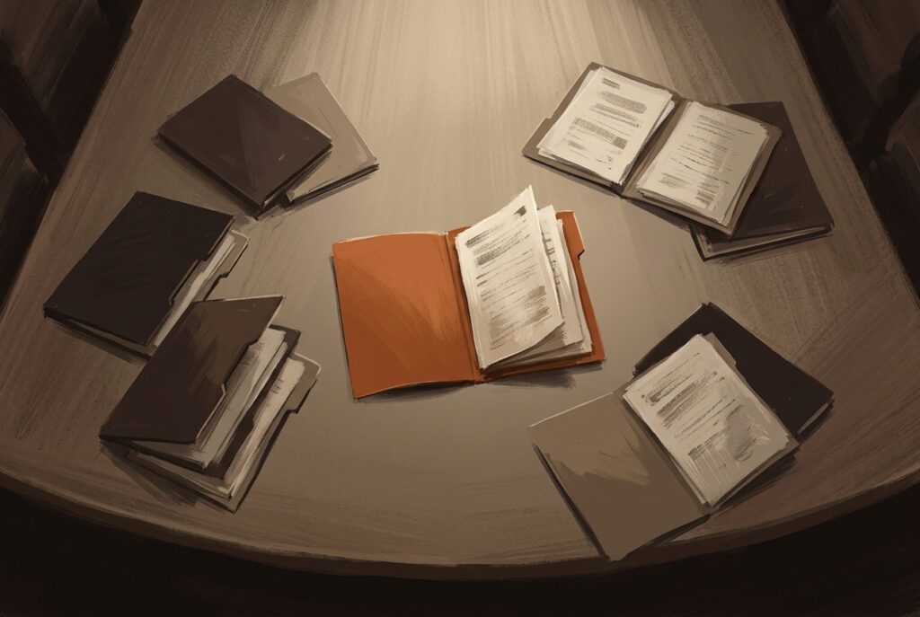 n overhead view of a boardroom table with document folders arranged in two groups, one pushed aside.