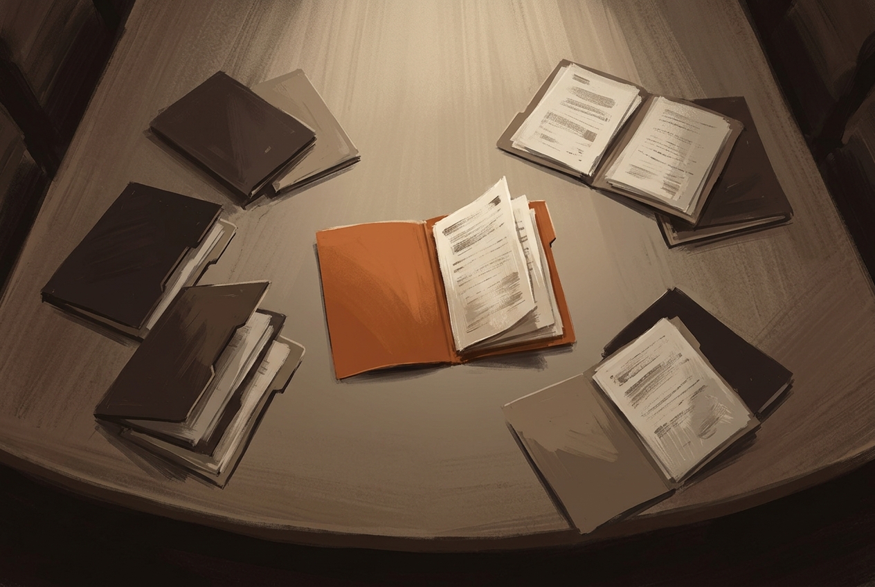 n overhead view of a boardroom table with document folders arranged in two groups, one pushed aside.