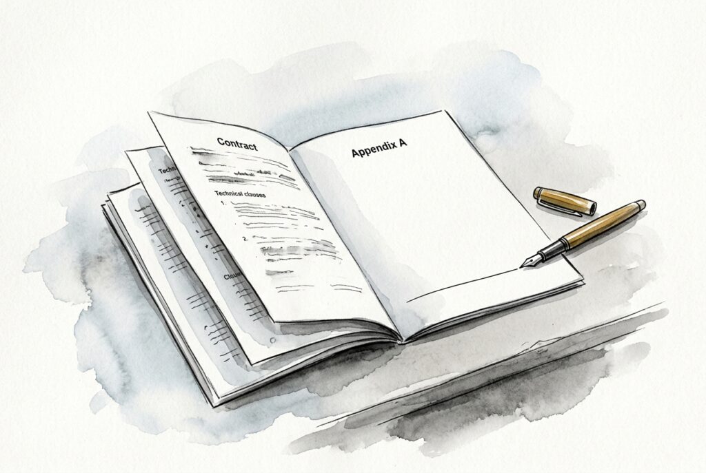 An open contract on a desk with its appendix page blank, a pen resting on the unsigned line.