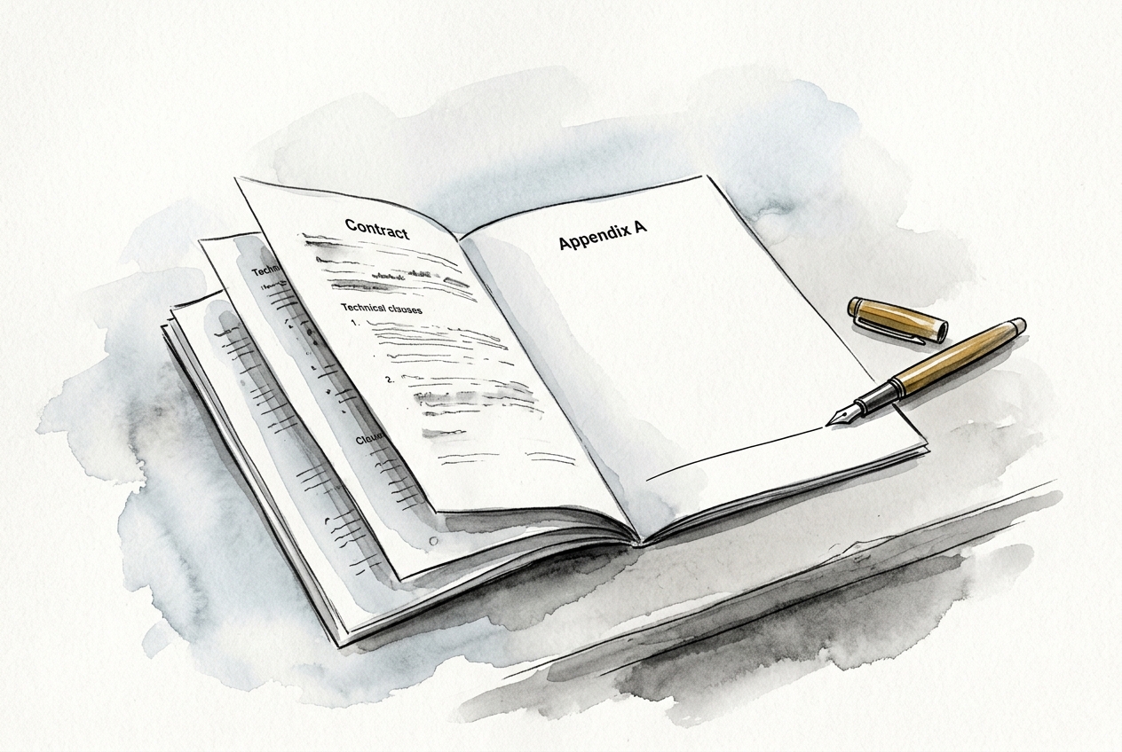 An open contract on a desk with its appendix page blank, a pen resting on the unsigned line.
