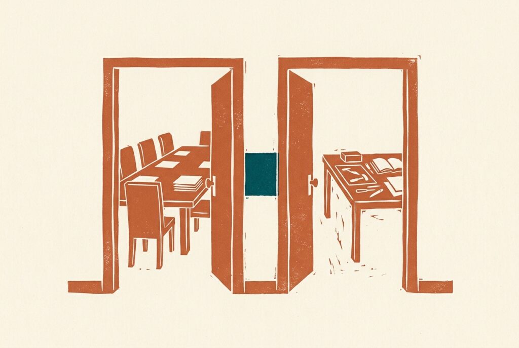 Two open doorways in a corridor, one showing a still boardroom and the other a working floor, divided by a teal-painted threshold.