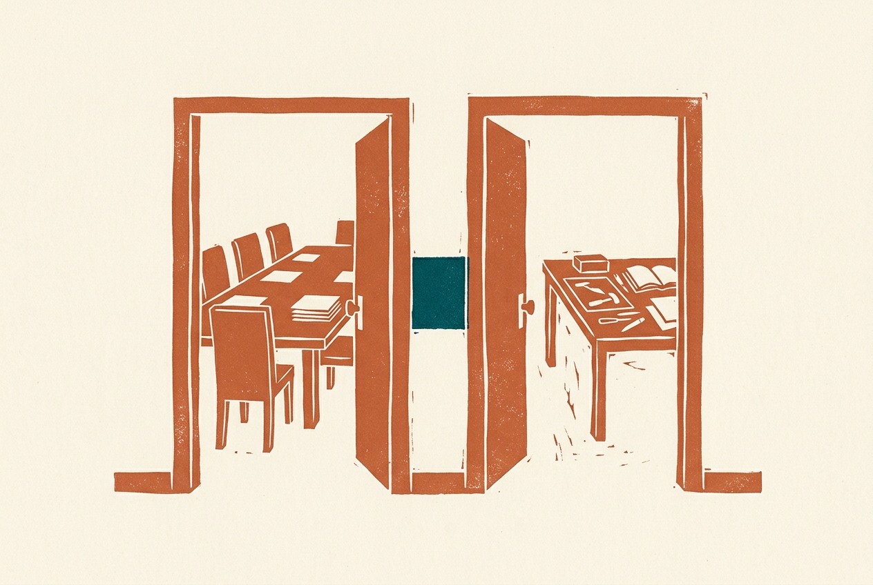 Two open doorways in a corridor, one showing a still boardroom and the other a working floor, divided by a teal-painted threshold.