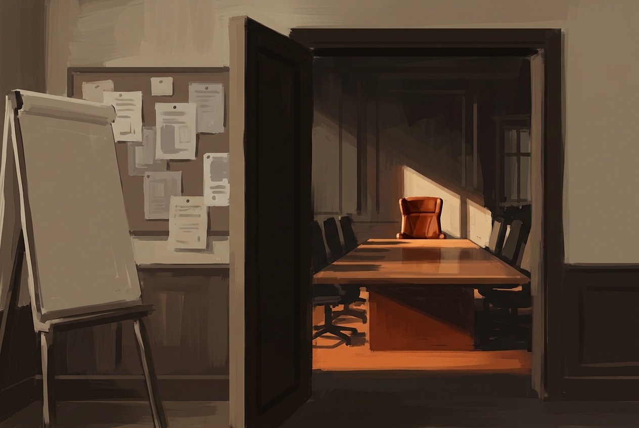 An open doorway divides a training room from an empty boardroom lit by hard afternoon light.