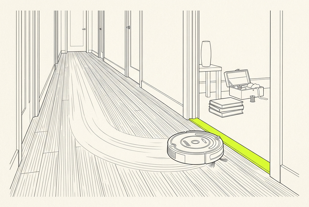 A robot vacuum cleaner busily cleaning a wooden floor stops exactly at a boundary strip laid across a doorway, beyond which a room with fragile objects stays untouched.