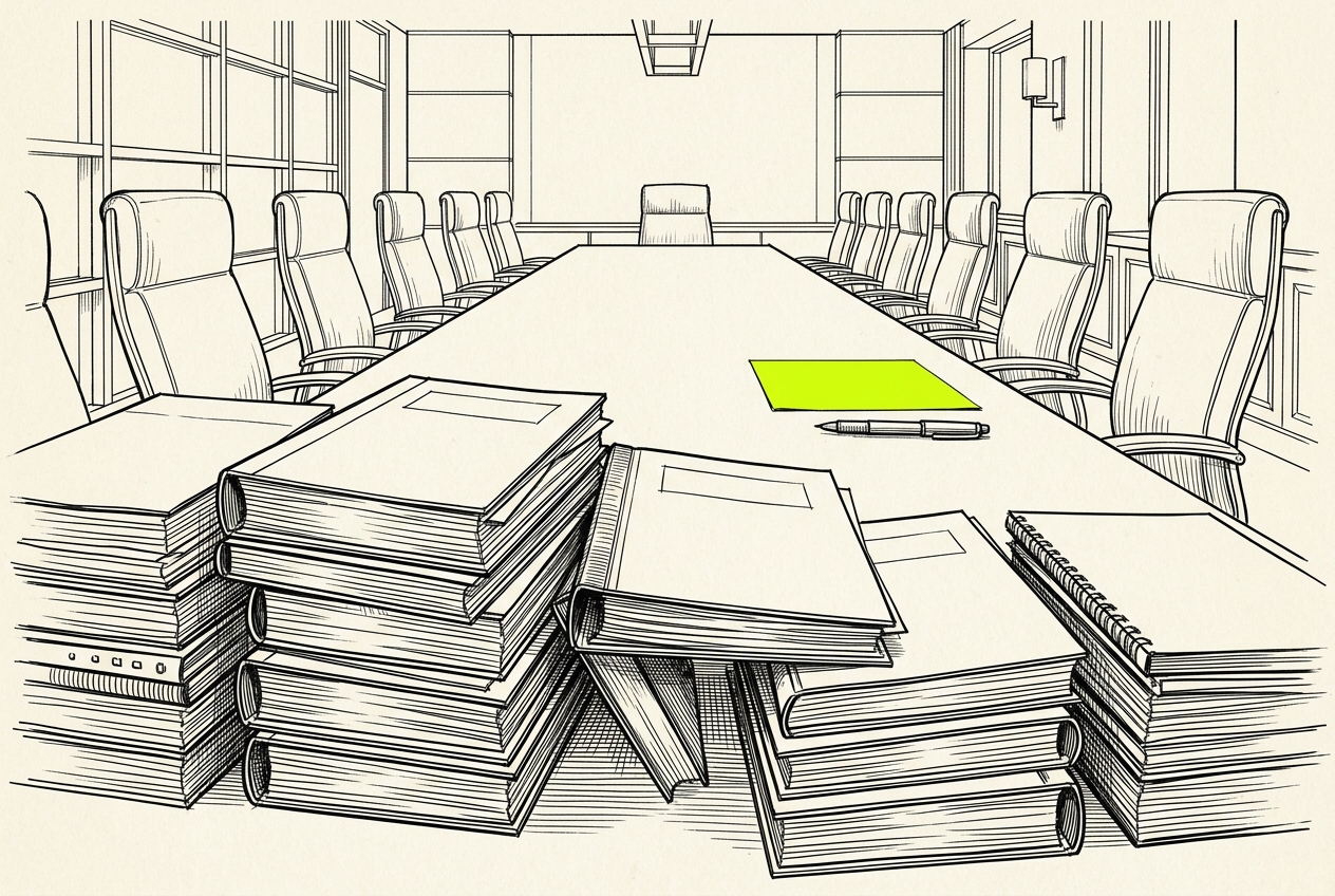 Tall stacks of report binders crowd one end of a boardroom table, while a single blank sheet lies before an empty chair at the other.