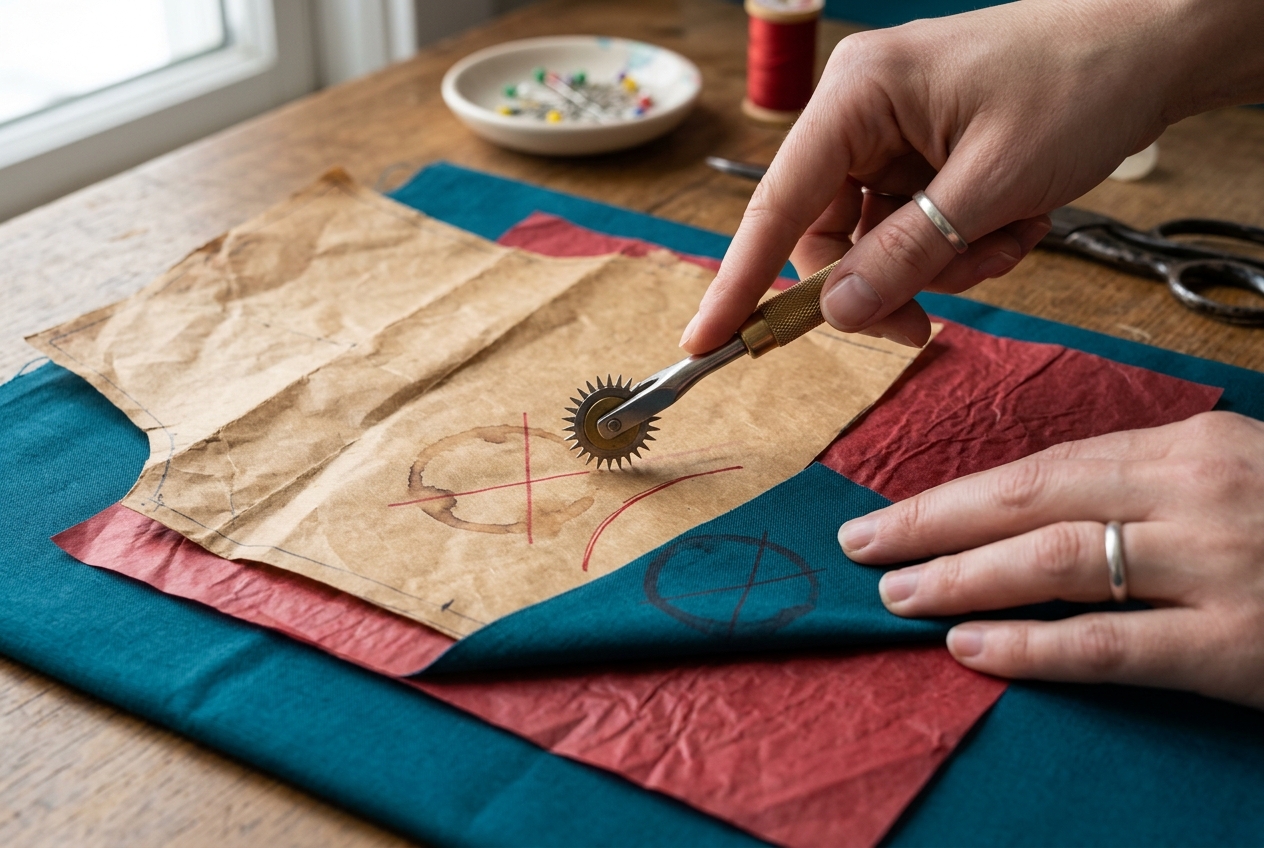 A tracing wheel transfers a worn paper sewing pattern onto crisp new fabric, copying the pattern's old coffee ring and a crossed-out correction along with the cutting lines.