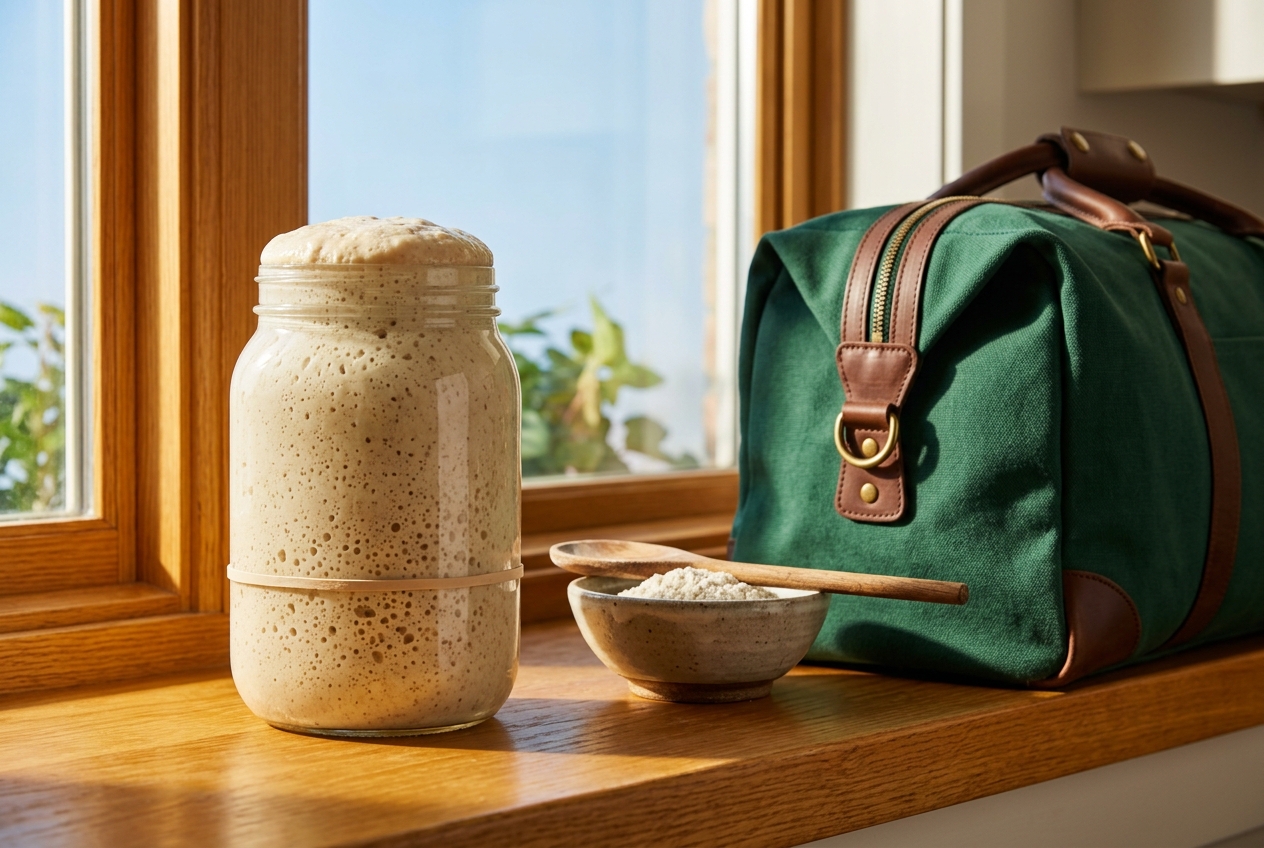 A jar of bubbling sourdough starter on a sunlit kitchen windowsill beside a zipped travel bag.