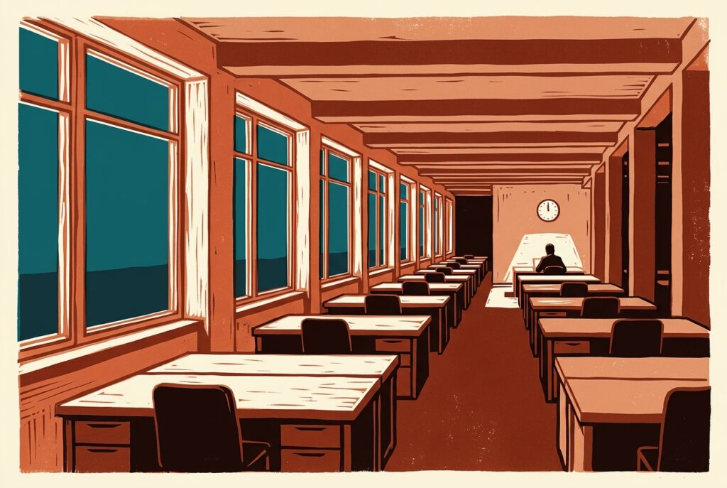Linocut print of a long empty office floor at dusk, with one figure working at a lit desk at the far end.