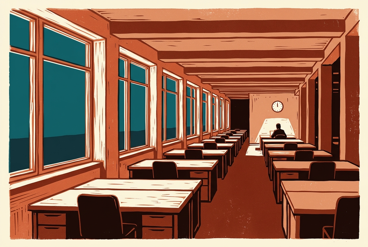 Linocut print of a long empty office floor at dusk, with one figure working at a lit desk at the far end.