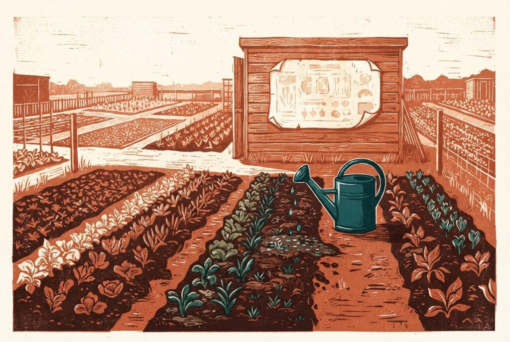 An allotment plot with a sun-bleached planting plan nailed to a shed and a teal watering can beside a freshly watered row.