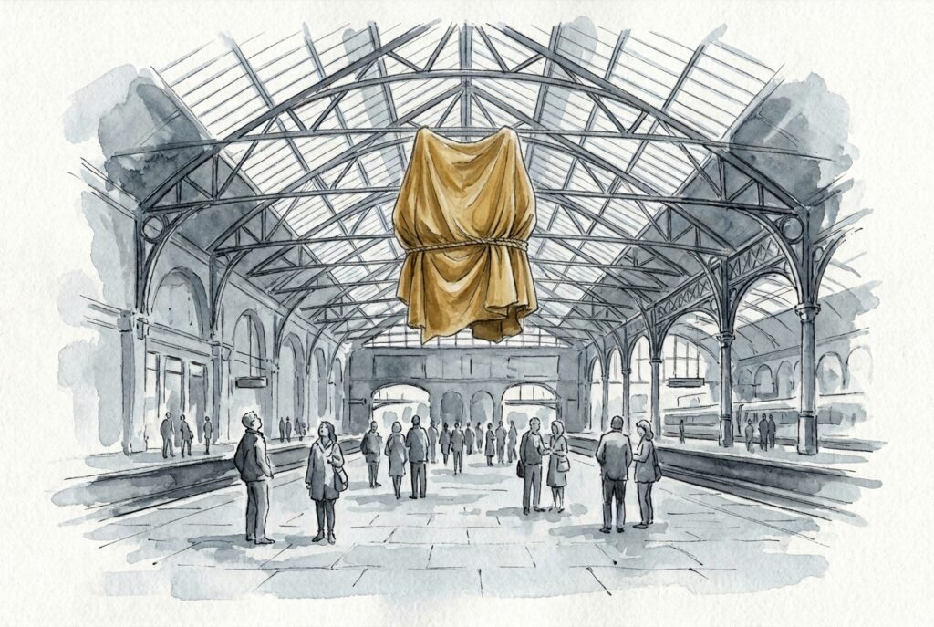 A railway station concourse in ink wash, where the large clock above the hall is wrapped in a dust sheet tied with rope.