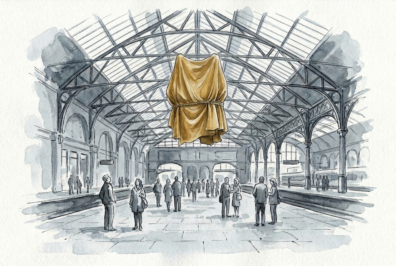 A railway station concourse in ink wash, where the large clock above the hall is wrapped in a dust sheet tied with rope.