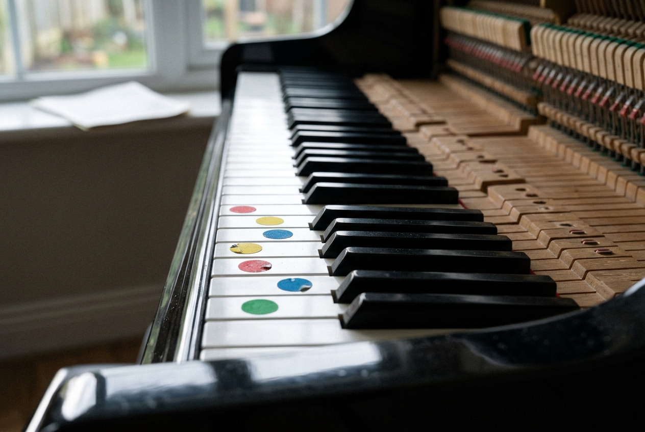 Close-up of a black concert grand piano keyboard with children's coloured note stickers on some keys.