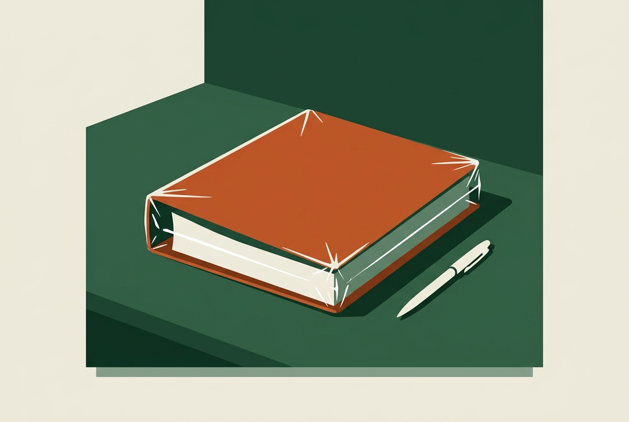 A thick ring binder, still sealed in its shrink-wrap, lies unopened on a bare desk beside a pen.