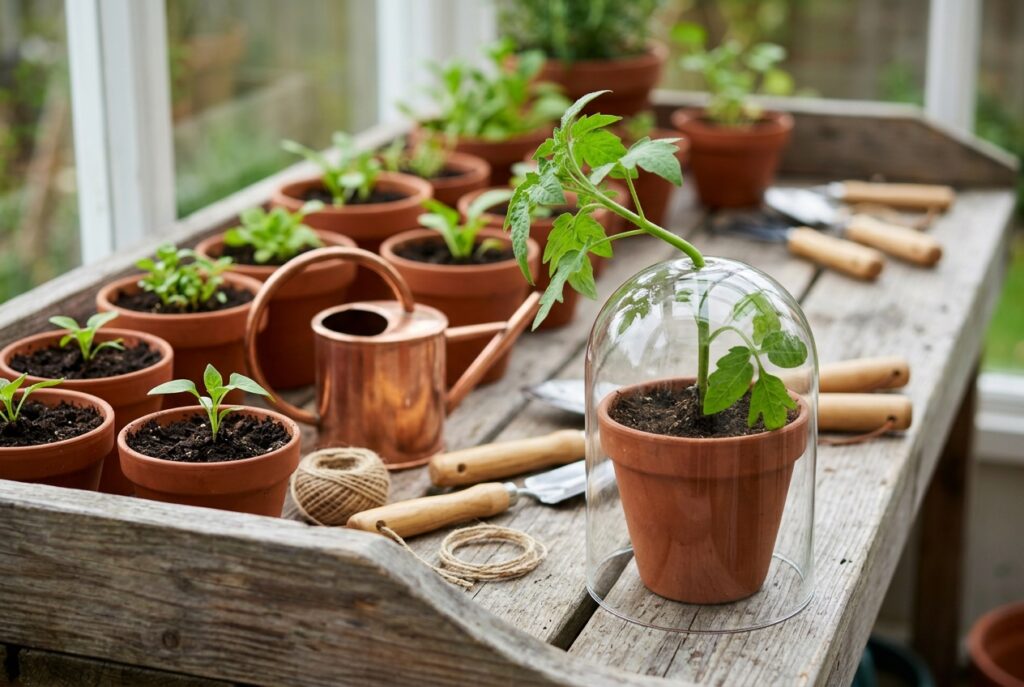 A tall green seedling bent sideways under a small glass cloche on a wooden potting bench.