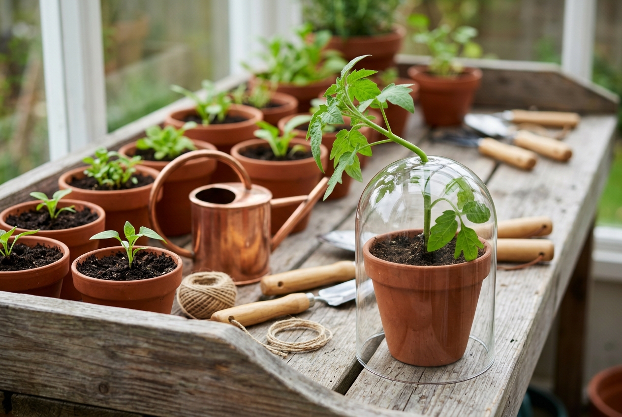 A tall green seedling bent sideways under a small glass cloche on a wooden potting bench.