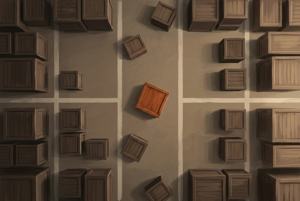 Crates being sorted into four painted bays on a warehouse floor, seen from above, with one crate mid-move in the aisle.