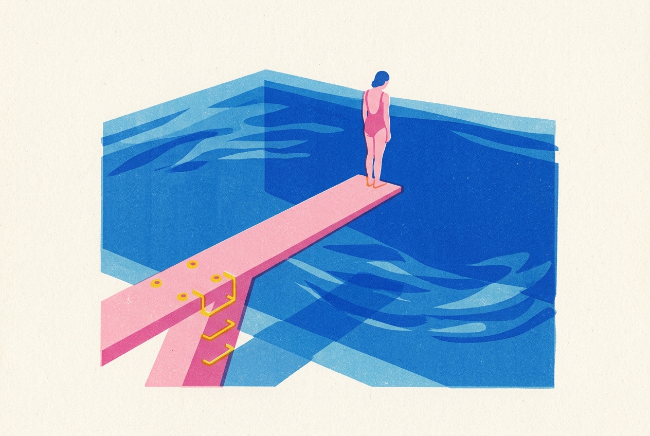 A lone diver stands at the end of a high diving board above a pool, and the ladder that should lead back down from the platform has been removed.