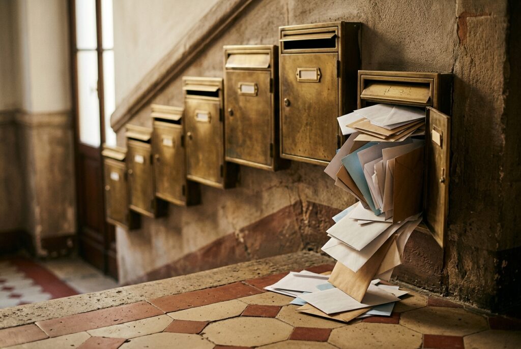 A diagonal row of brass letterboxes in which the smallest box overflows with envelopes while the larger ones stand empty.