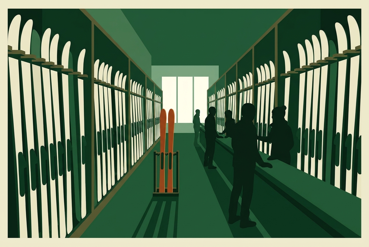 A long ski-hire hall in green and bone where every pair of skis is twice the height of the waiting skiers, apart from one rust-orange pair cut to size.